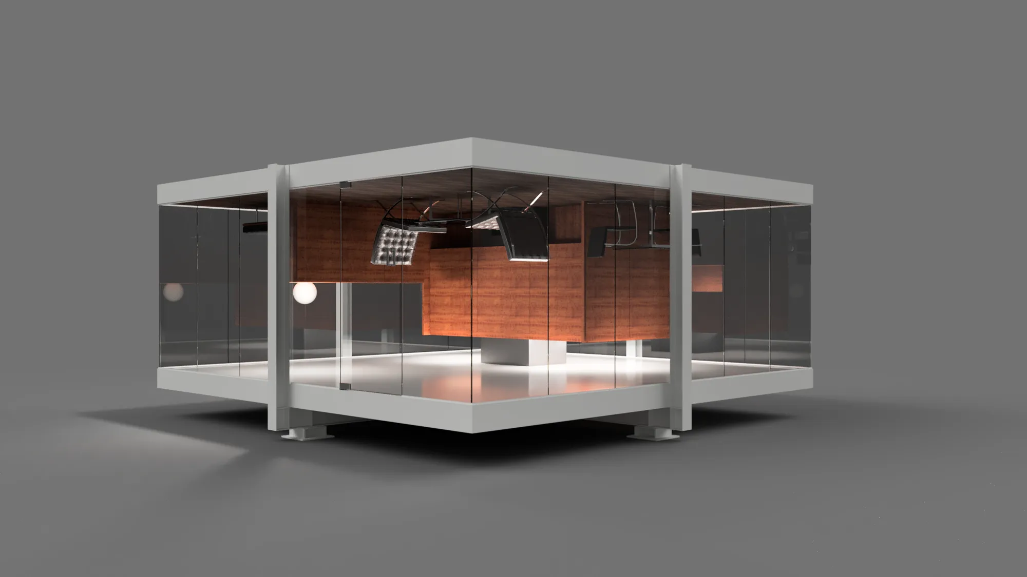 Fusion360 구조 설계 렌더링 — 뒤집힌 주택의 골조와 가구 배치 시뮬레이션