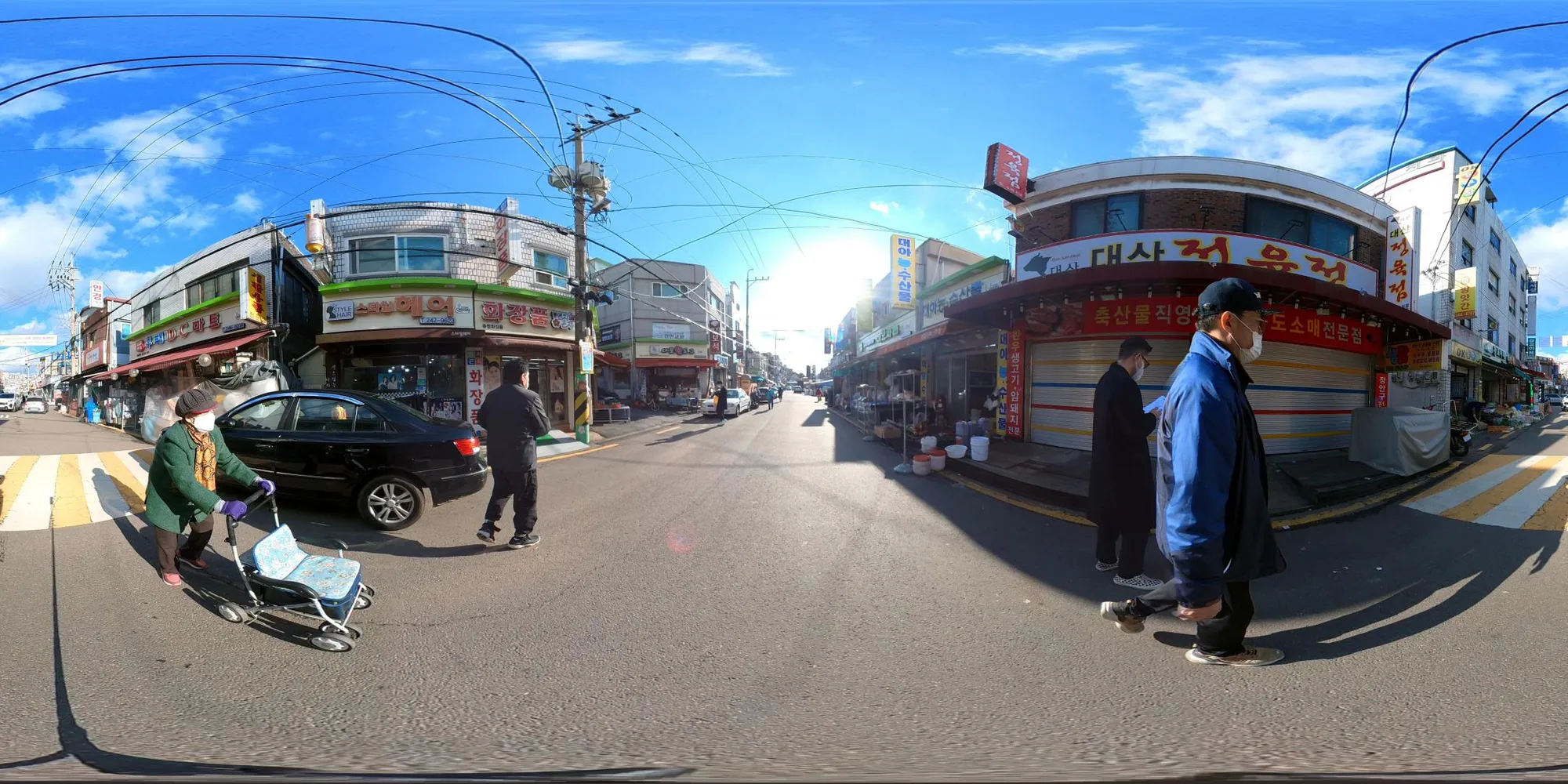 연무시장 거리의 360도 VR 촬영 스티치 파노라마